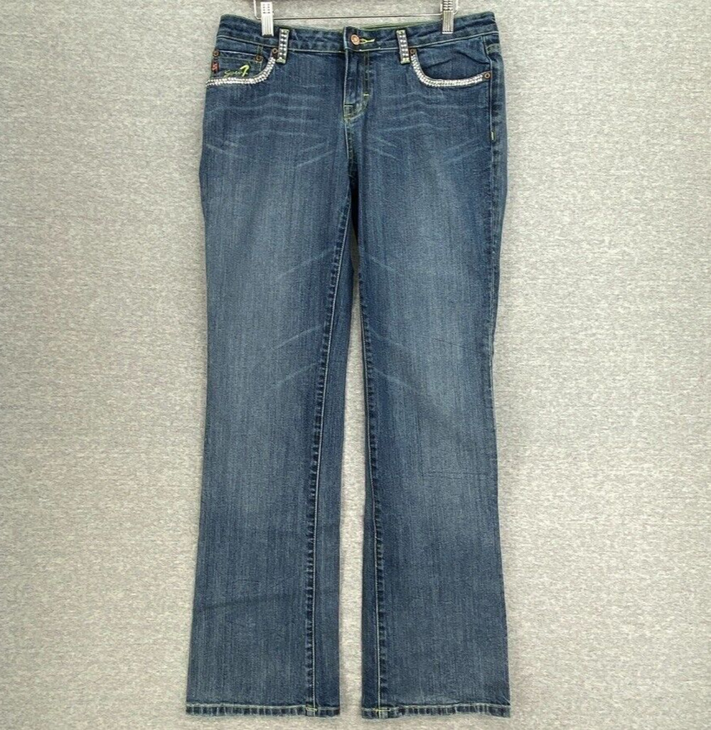 Seven7 Premium Denim Jeans Womens 32 Blue Mid Rise Bootcut Bling Medium Wash